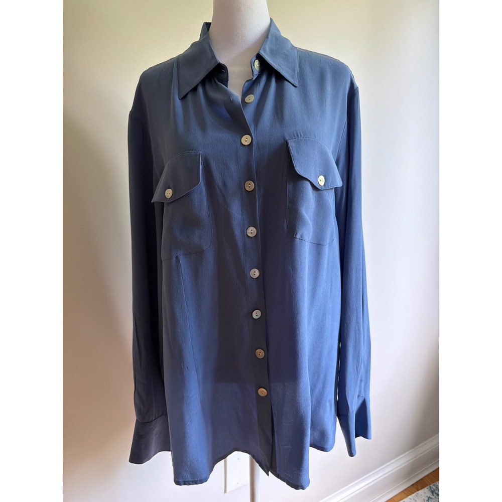 J. Peterman Womens 100% Silk Button Down Blouse Blue Long Sleeve Utility Top 14
